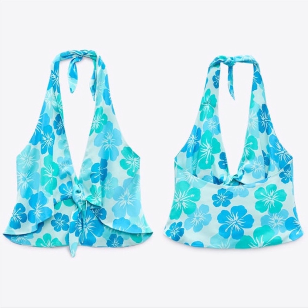 3/$30 NWT Medium Halter Cropped Light Blue/ Tourquiose Flowers